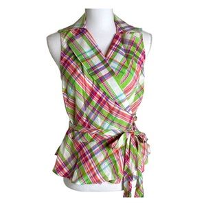 Lauren Ralph Lauren Linen Blend Plaid Wrap Top Size S